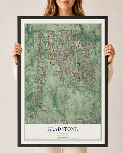 Map of Gladstone, Missouri, 24 x 36 inch print in a black wood frame