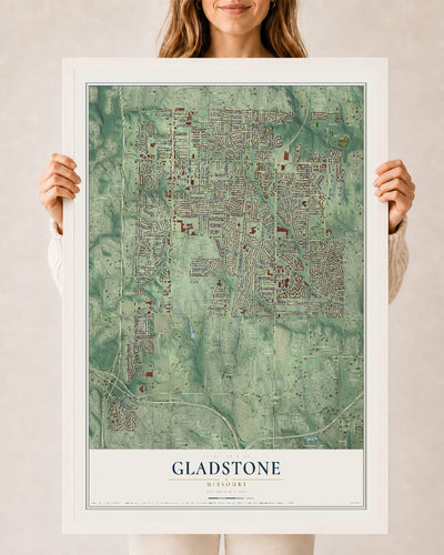 Map of Gladstone, Missouri, 24 x 36 inch print in a white wood frame