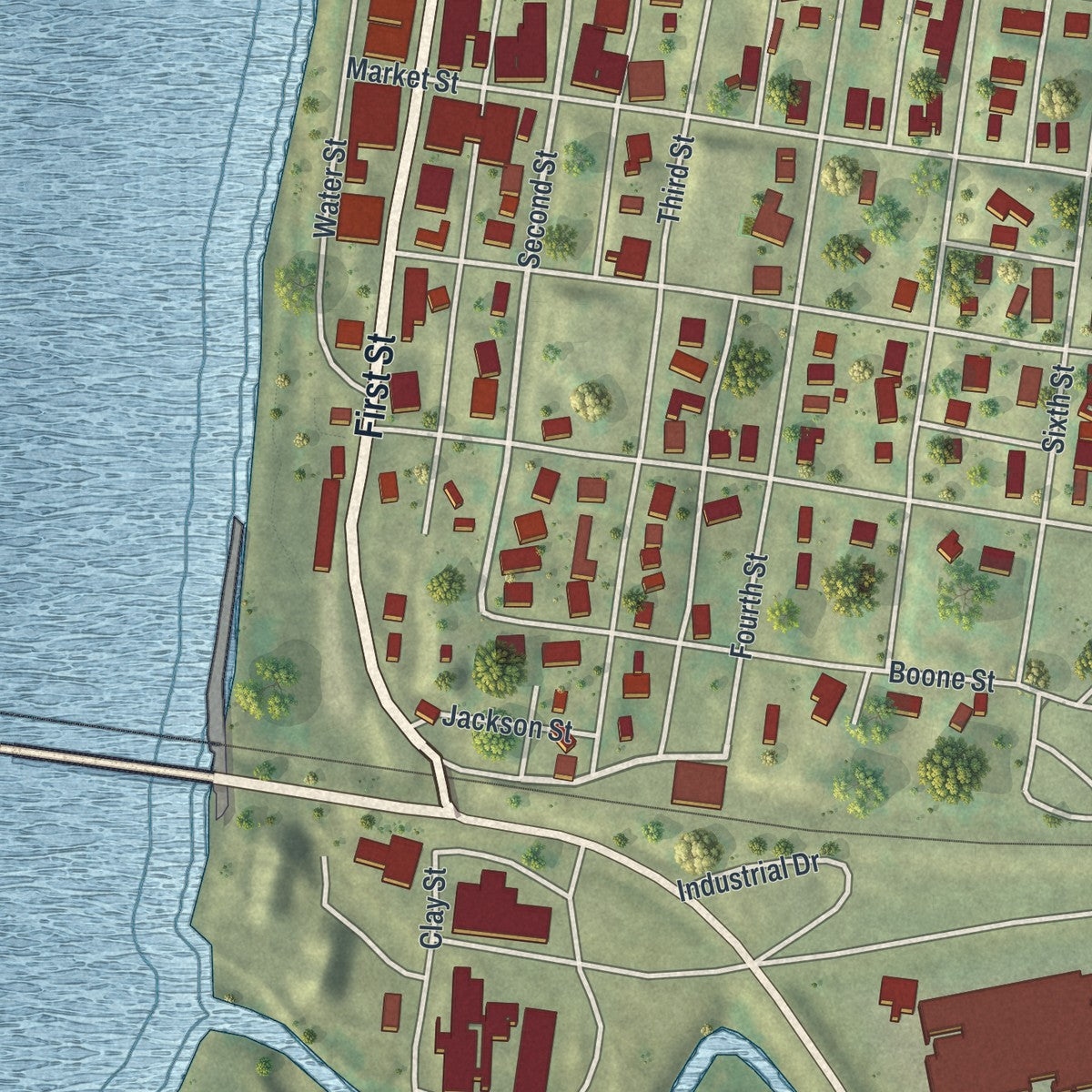Close-up of the map of Glasgow, Missouri print showing street and building detail