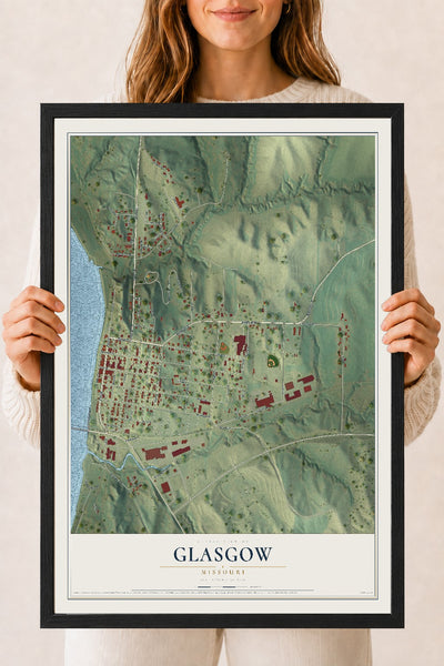 Map of Glasgow, Missouri, 18 x 24 inch print in a black wood frame