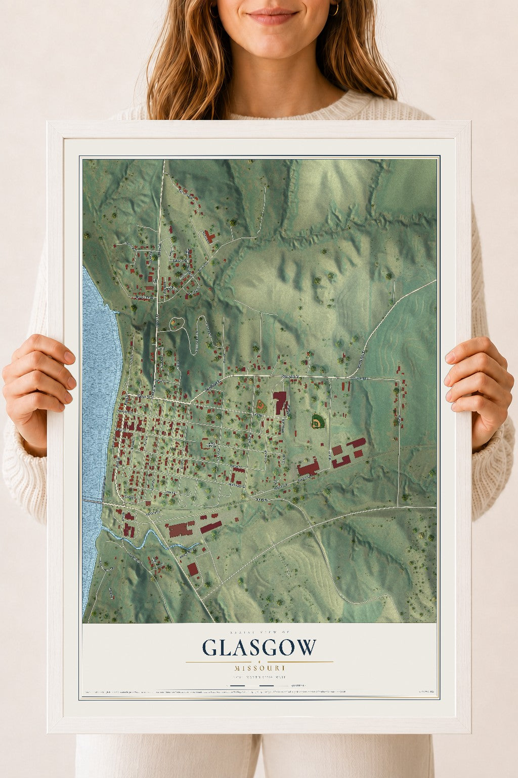 Map of Glasgow, Missouri, 18 x 24 inch print in a white wood frame