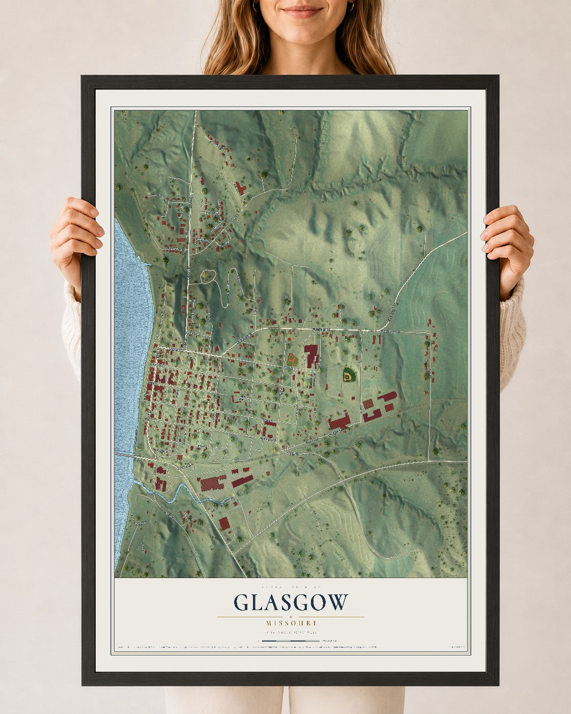 Map of Glasgow, Missouri, 24 x 36 inch print in a black wood frame