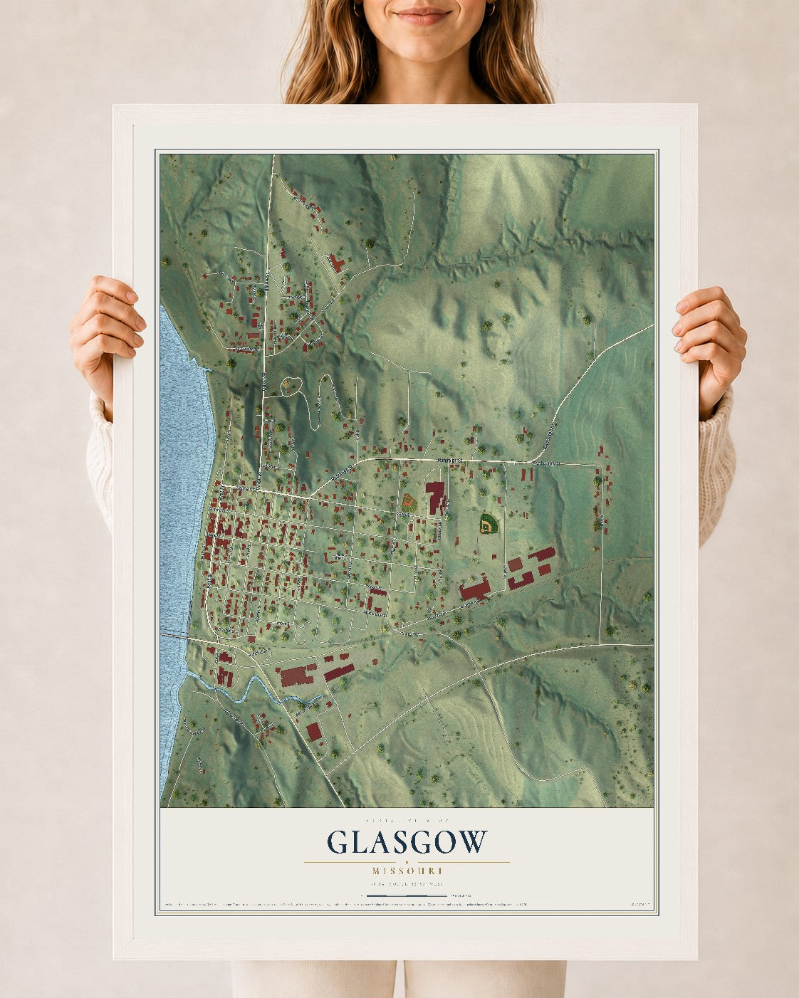 Map of Glasgow, Missouri, 24 x 36 inch print in a white wood frame