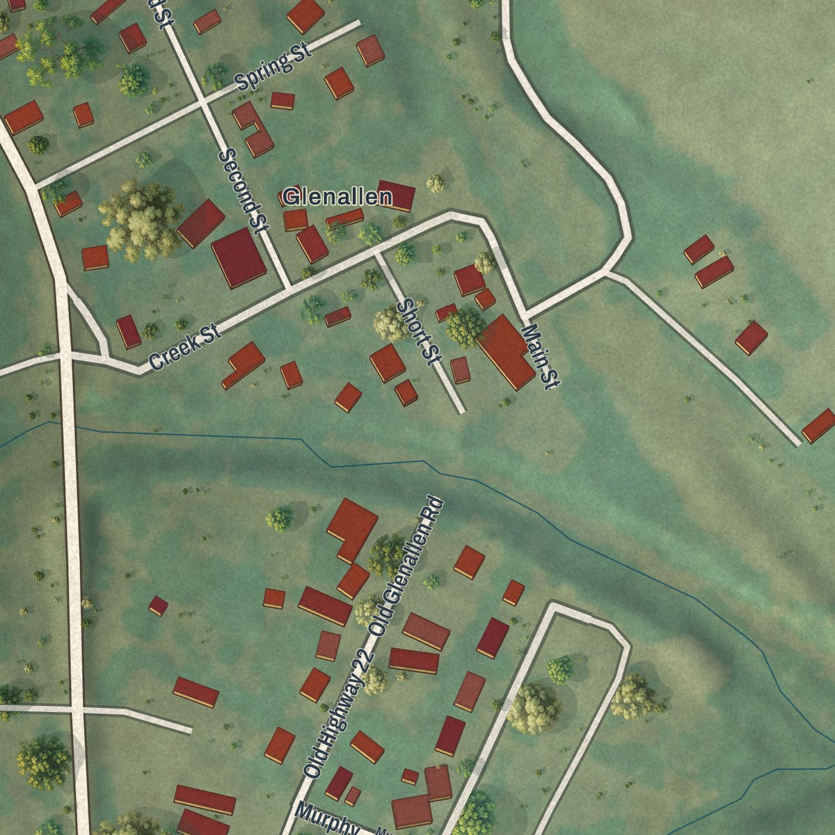 Close-up of the map of Glen Allen, Missouri print showing street and building detail