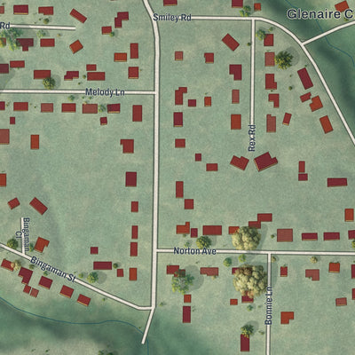 Close-up of the map of Glenaire, Missouri print showing street and building detail