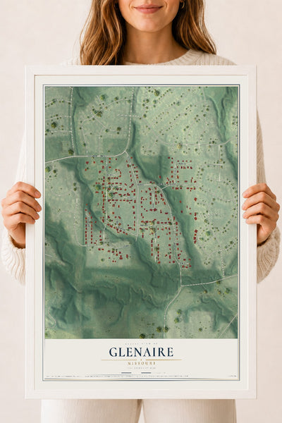Map of Glenaire, Missouri, 18 x 24 inch print in a white wood frame