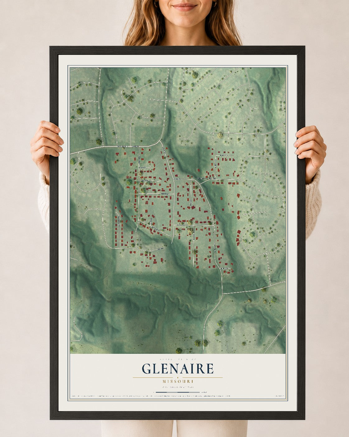 Map of Glenaire, Missouri, 24 x 36 inch print in a black wood frame