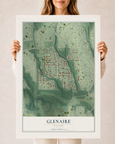 Map of Glenaire, Missouri, 24 x 36 inch print in a white wood frame