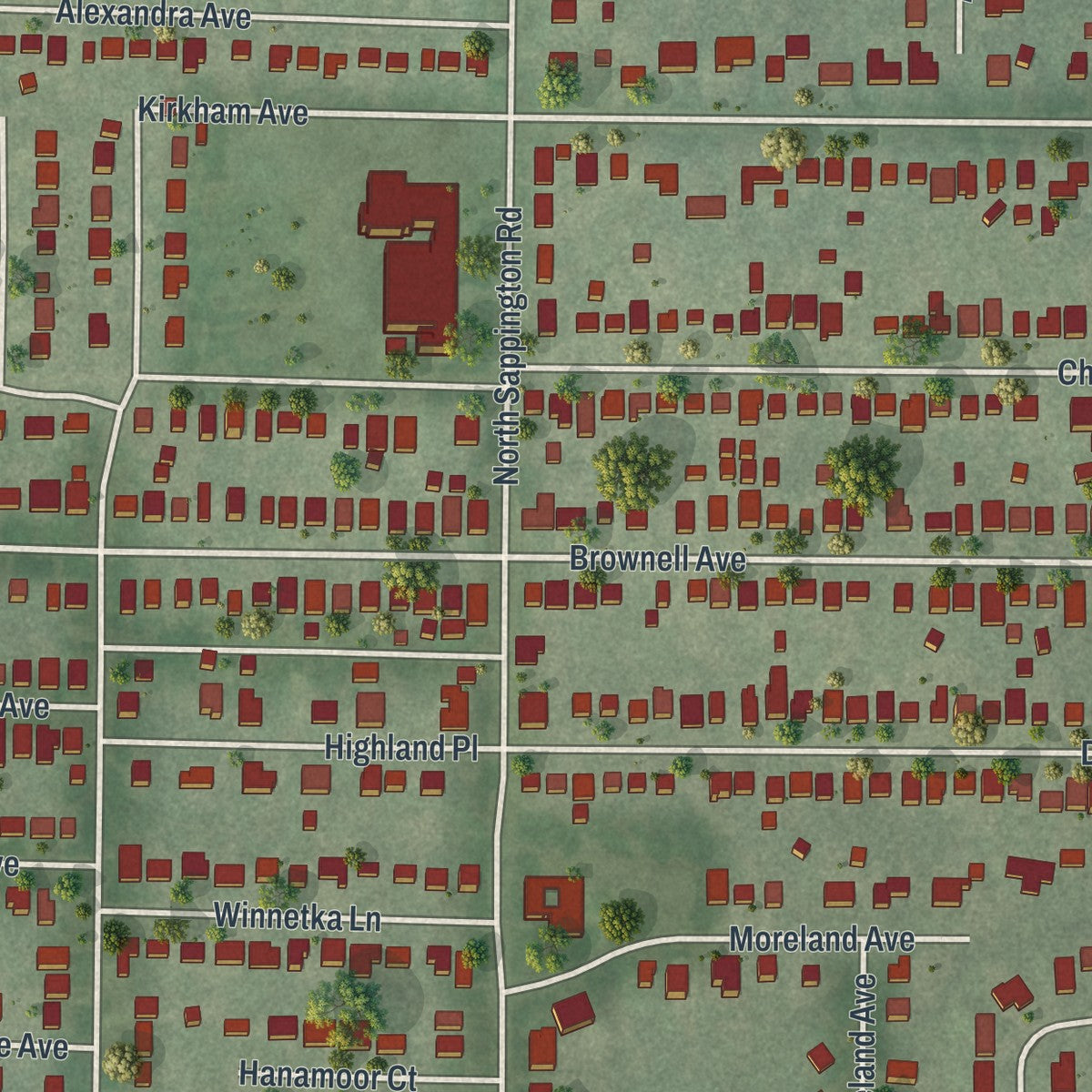 Close-up of the map of Glendale, Missouri print showing street and building detail