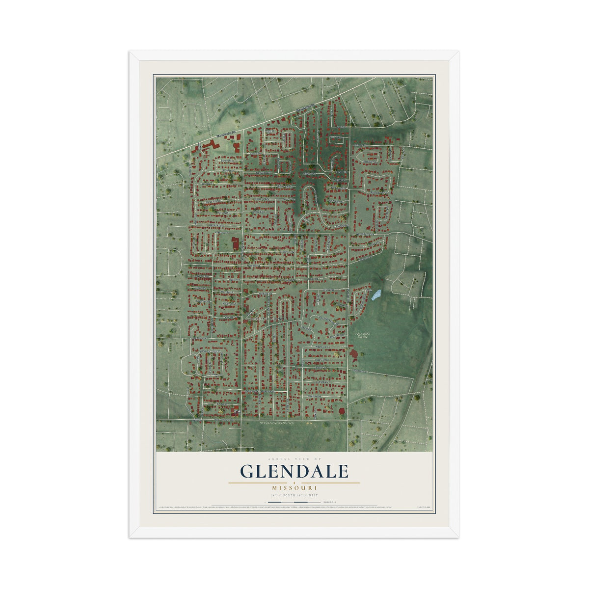 Map of Glendale, Missouri, 12 x 18 inch print in a white wood frame