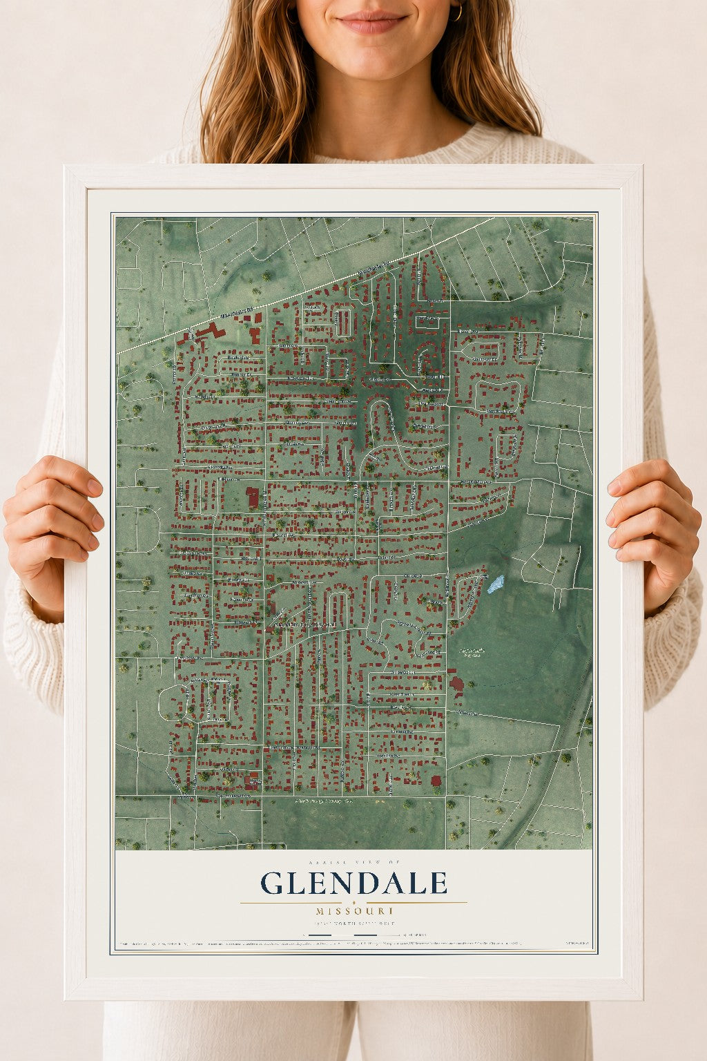 Map of Glendale, Missouri, 18 x 24 inch print in a white wood frame