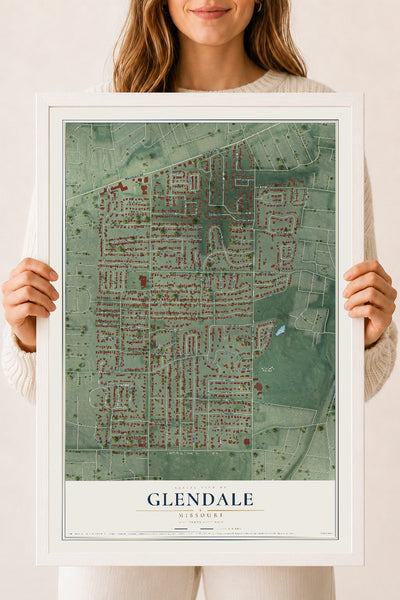 Map of Glendale, Missouri, 18 x 24 inch print in a white wood frame
