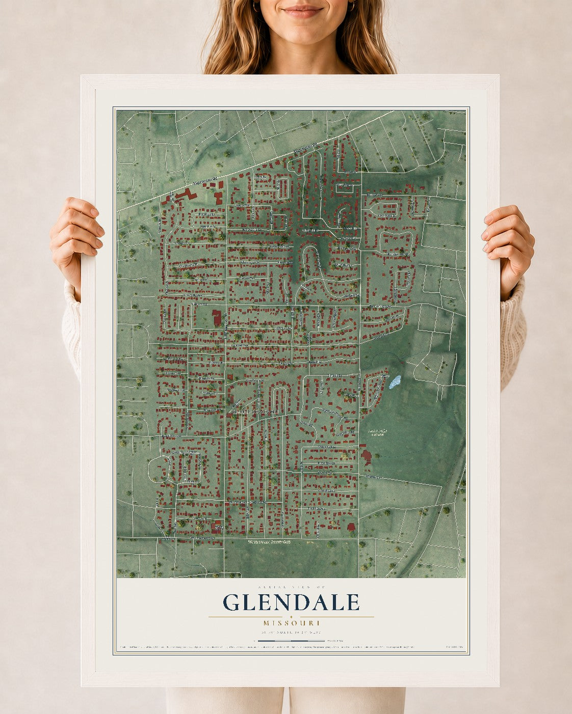 Map of Glendale, Missouri, 24 x 36 inch print in a white wood frame