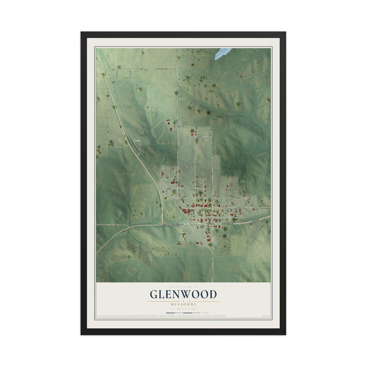 Map of Glenwood, Missouri, 12 x 18 inch print in a black wood frame