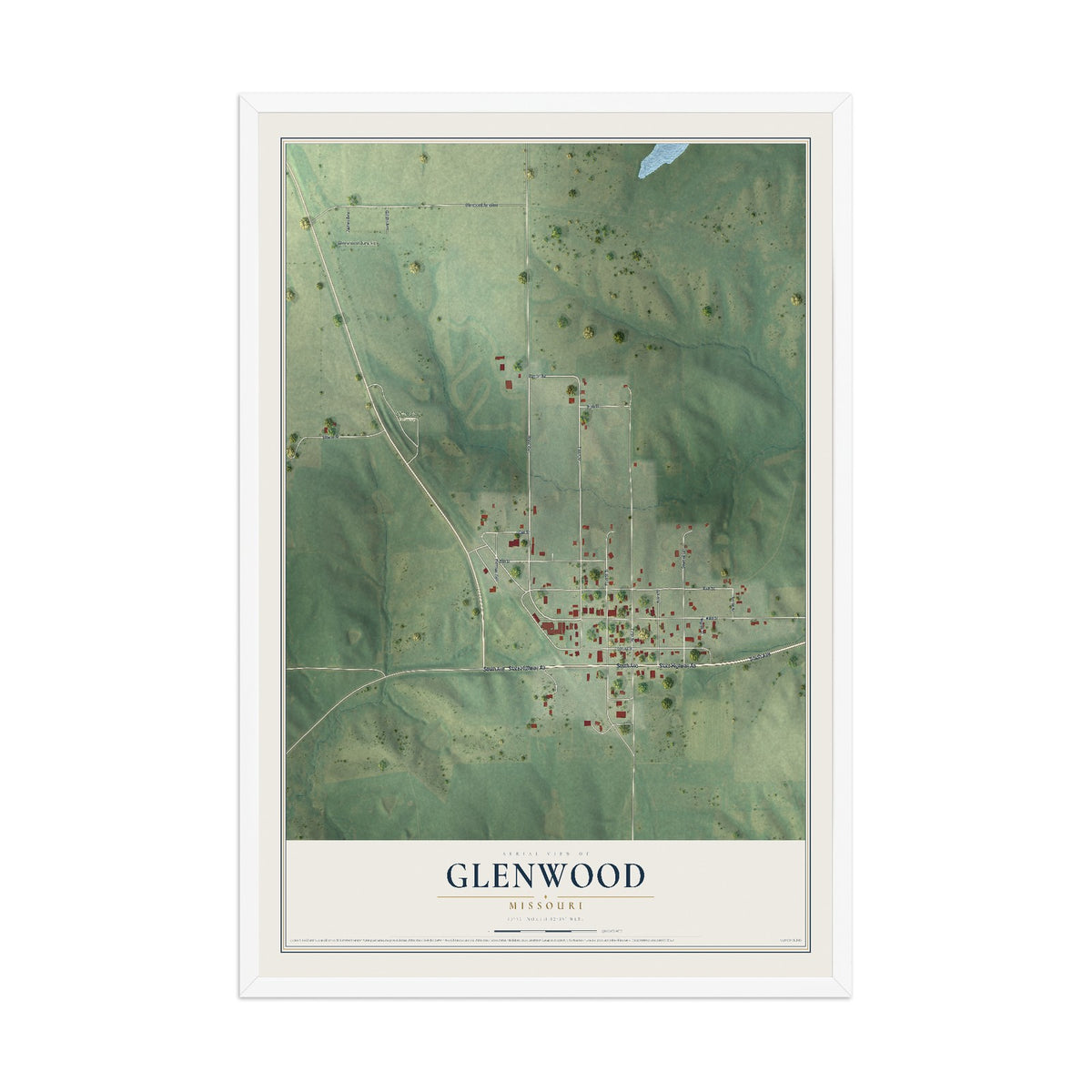 Map of Glenwood, Missouri, 12 x 18 inch print in a white wood frame
