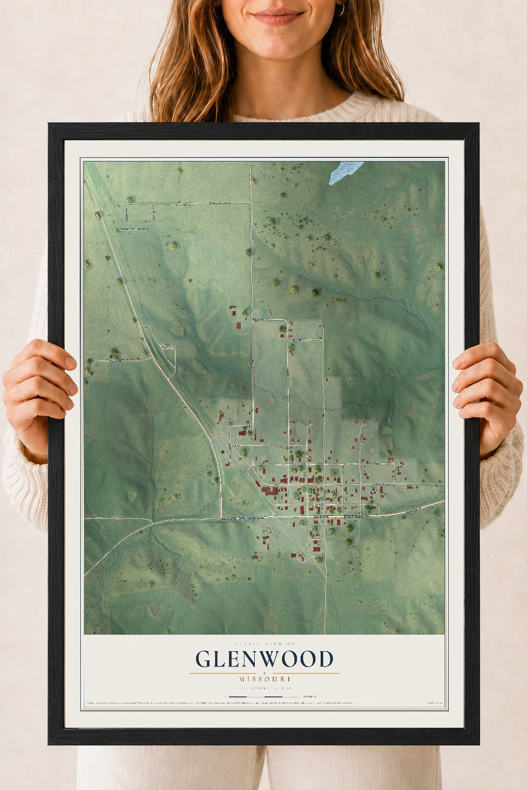 Map of Glenwood, Missouri, 18 x 24 inch print in a black wood frame