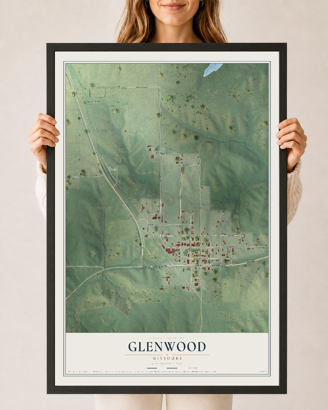 Map of Glenwood, Missouri, 24 x 36 inch print in a black wood frame