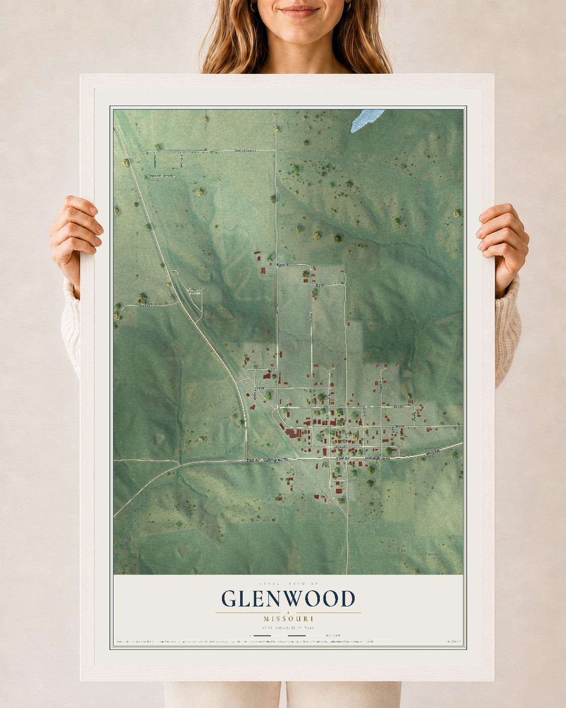 Map of Glenwood, Missouri, 24 x 36 inch print in a white wood frame