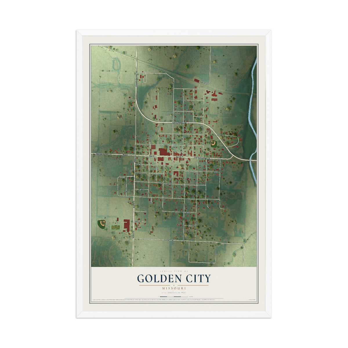 Map of Golden City, Missouri, 12 x 18 inch print in a white wood frame