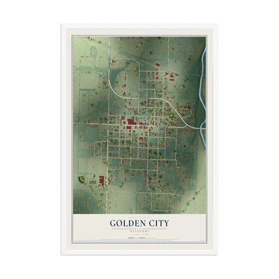 Map of Golden City, Missouri, 12 x 18 inch print in a white wood frame