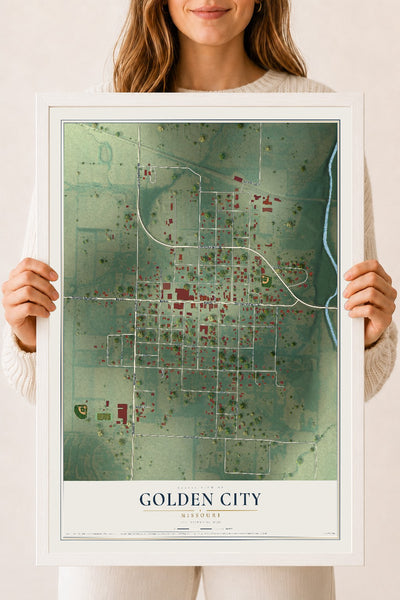 Map of Golden City, Missouri, 18 x 24 inch print in a white wood frame