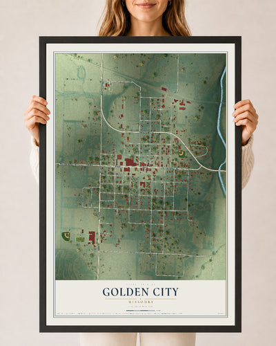 Map of Golden City, Missouri, 24 x 36 inch print in a black wood frame