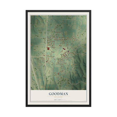 Map of Goodman, Missouri, 12 x 18 inch print in a black wood frame