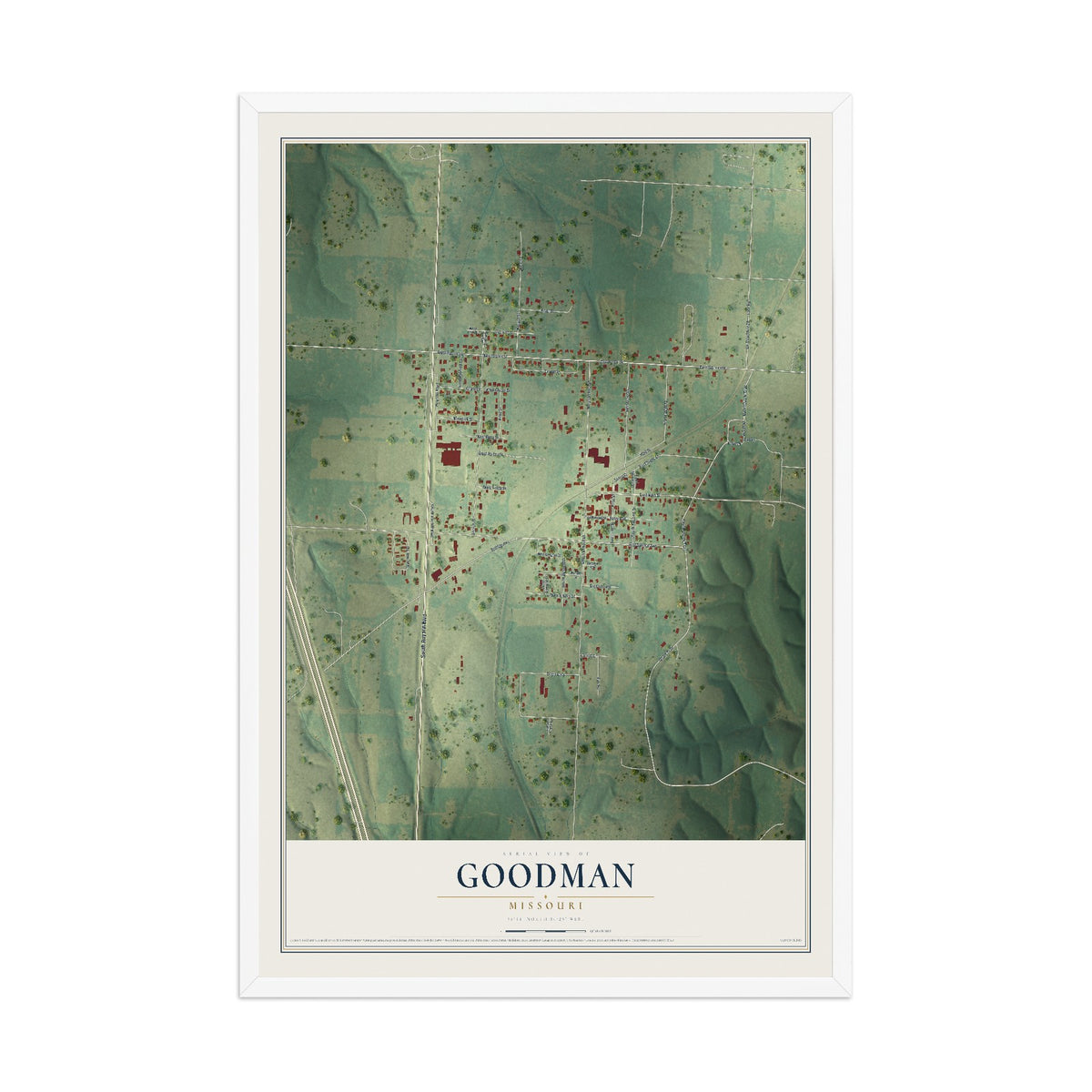 Map of Goodman, Missouri, 12 x 18 inch print in a white wood frame