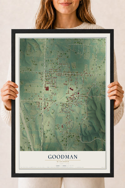 Map of Goodman, Missouri, 18 x 24 inch print in a black wood frame