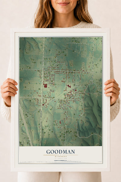 Map of Goodman, Missouri, 18 x 24 inch print in a white wood frame