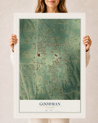Map of Goodman, Missouri, 24 x 36 inch print in a white wood frame