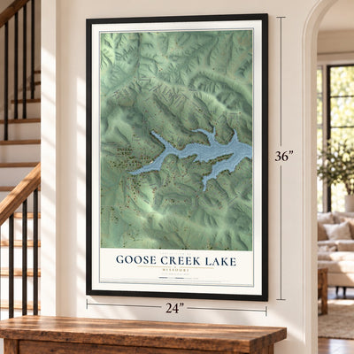 Goose Creek Lake, Missouri map, 24 x 36 inch print in a black frame by a staircase