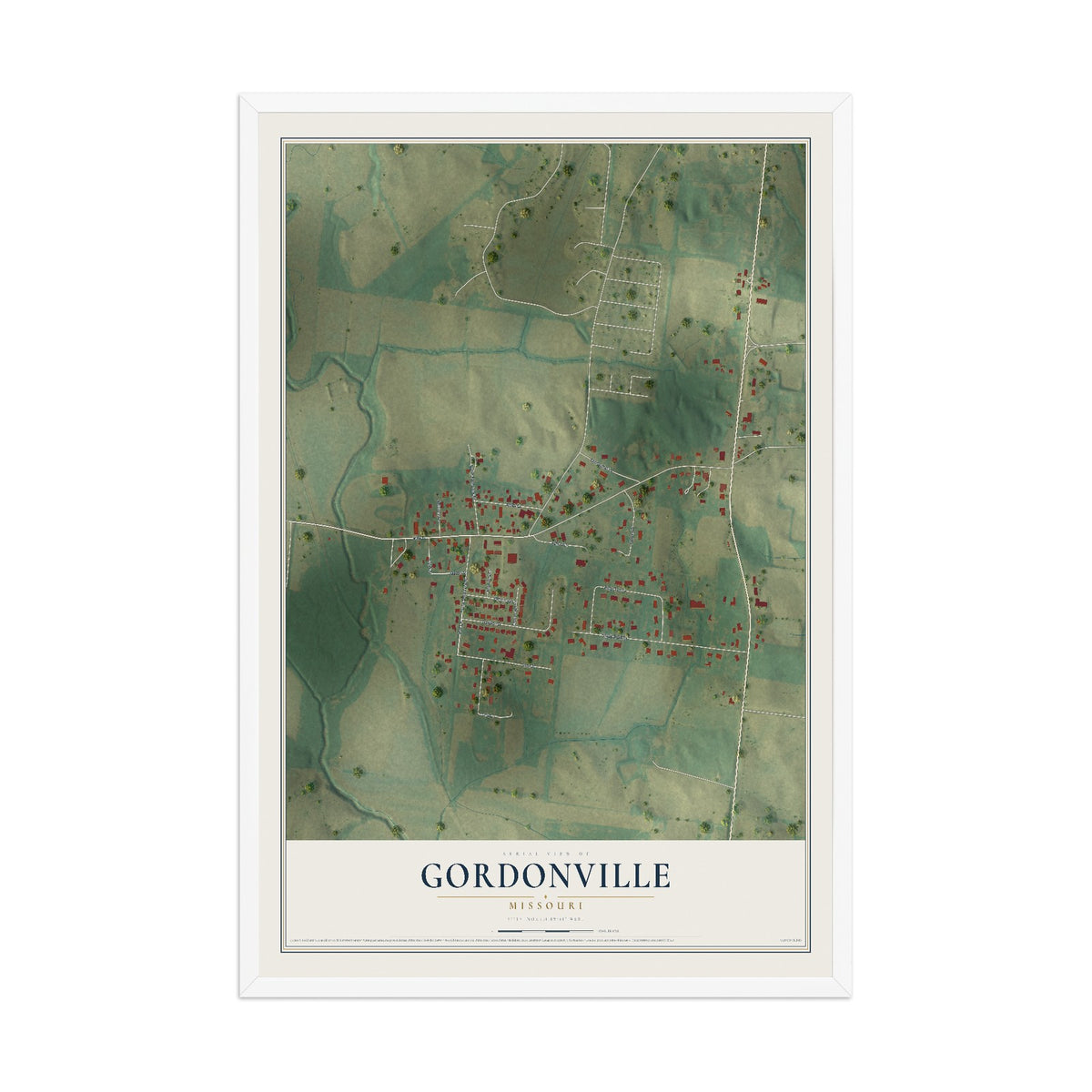 Map of Gordonville, Missouri, 12 x 18 inch print in a white wood frame