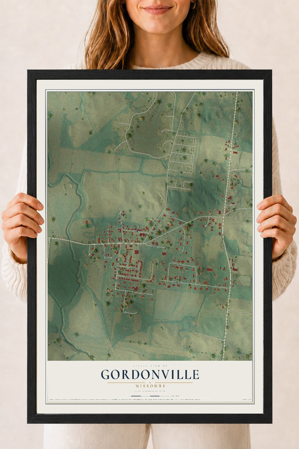 Map of Gordonville, Missouri, 18 x 24 inch print in a black wood frame