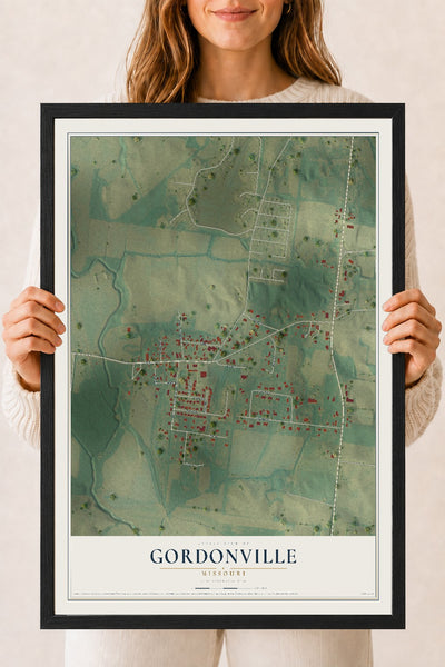 Map of Gordonville, Missouri, 18 x 24 inch print in a black wood frame