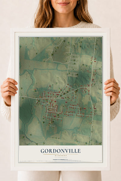 Map of Gordonville, Missouri, 18 x 24 inch print in a white wood frame
