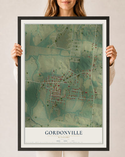 Map of Gordonville, Missouri, 24 x 36 inch print in a black wood frame