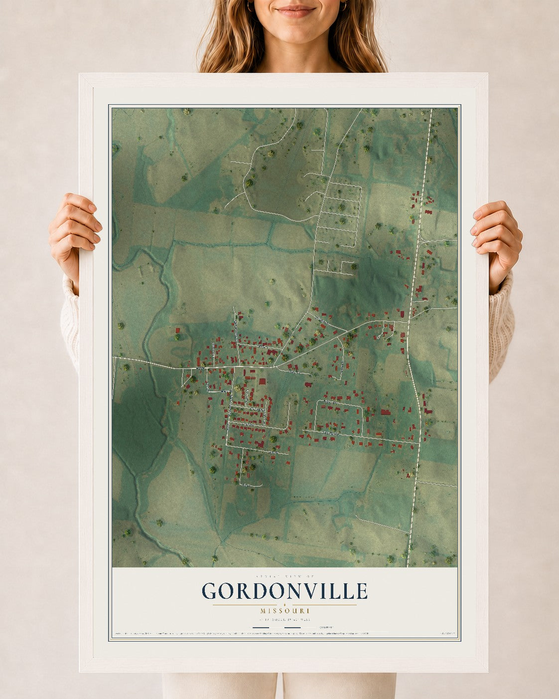 Map of Gordonville, Missouri, 24 x 36 inch print in a white wood frame