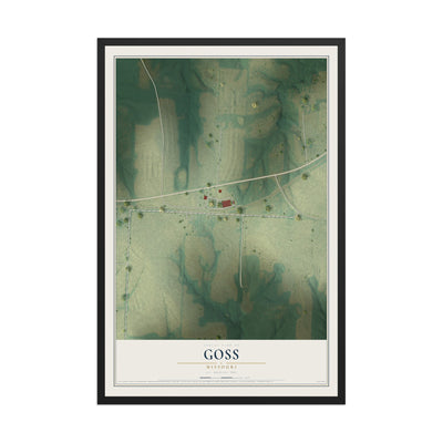 Map of Goss, Missouri, 12 x 18 inch print in a black wood frame