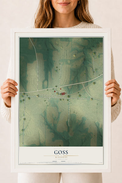 Map of Goss, Missouri, 18 x 24 inch print in a white wood frame