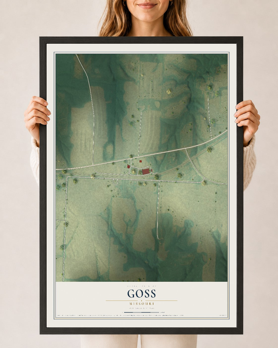Map of Goss, Missouri, 24 x 36 inch print in a black wood frame