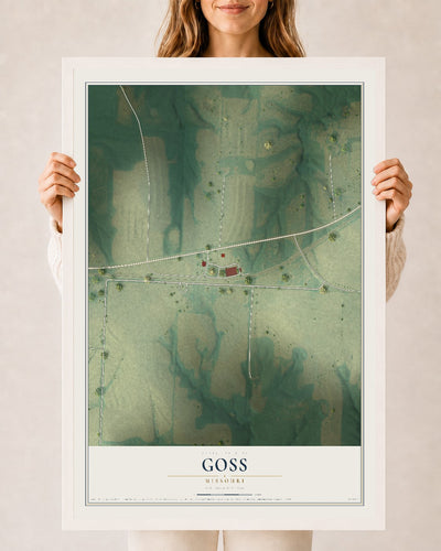 Map of Goss, Missouri, 24 x 36 inch print in a white wood frame