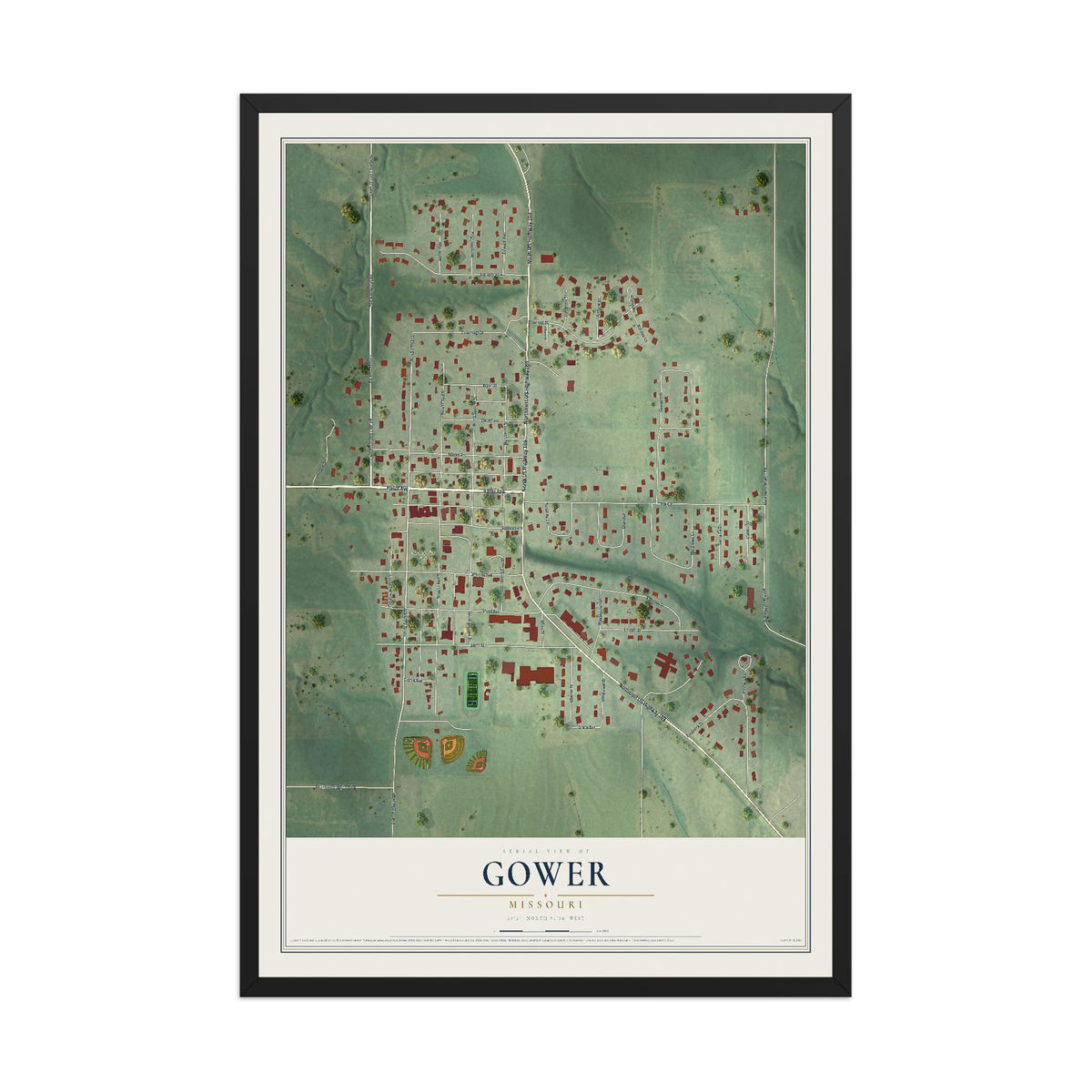 Map of Gower, Missouri, 12 x 18 inch print in a black wood frame