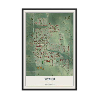 Map of Gower, Missouri, 12 x 18 inch print in a black wood frame
