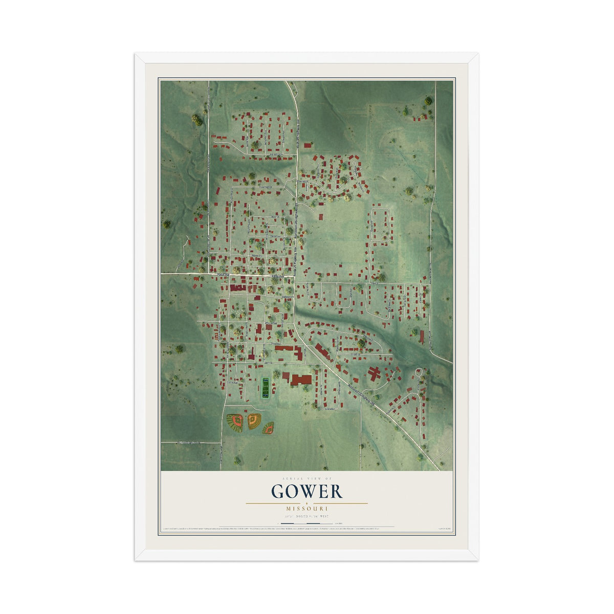 Map of Gower, Missouri, 12 x 18 inch print in a white wood frame