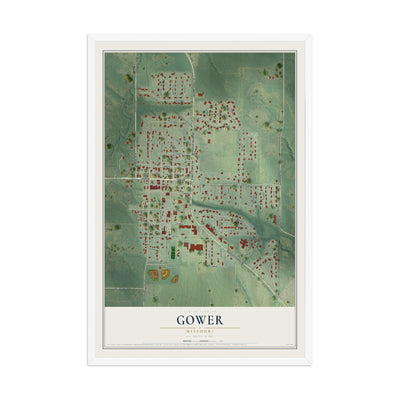 Map of Gower, Missouri, 12 x 18 inch print in a white wood frame