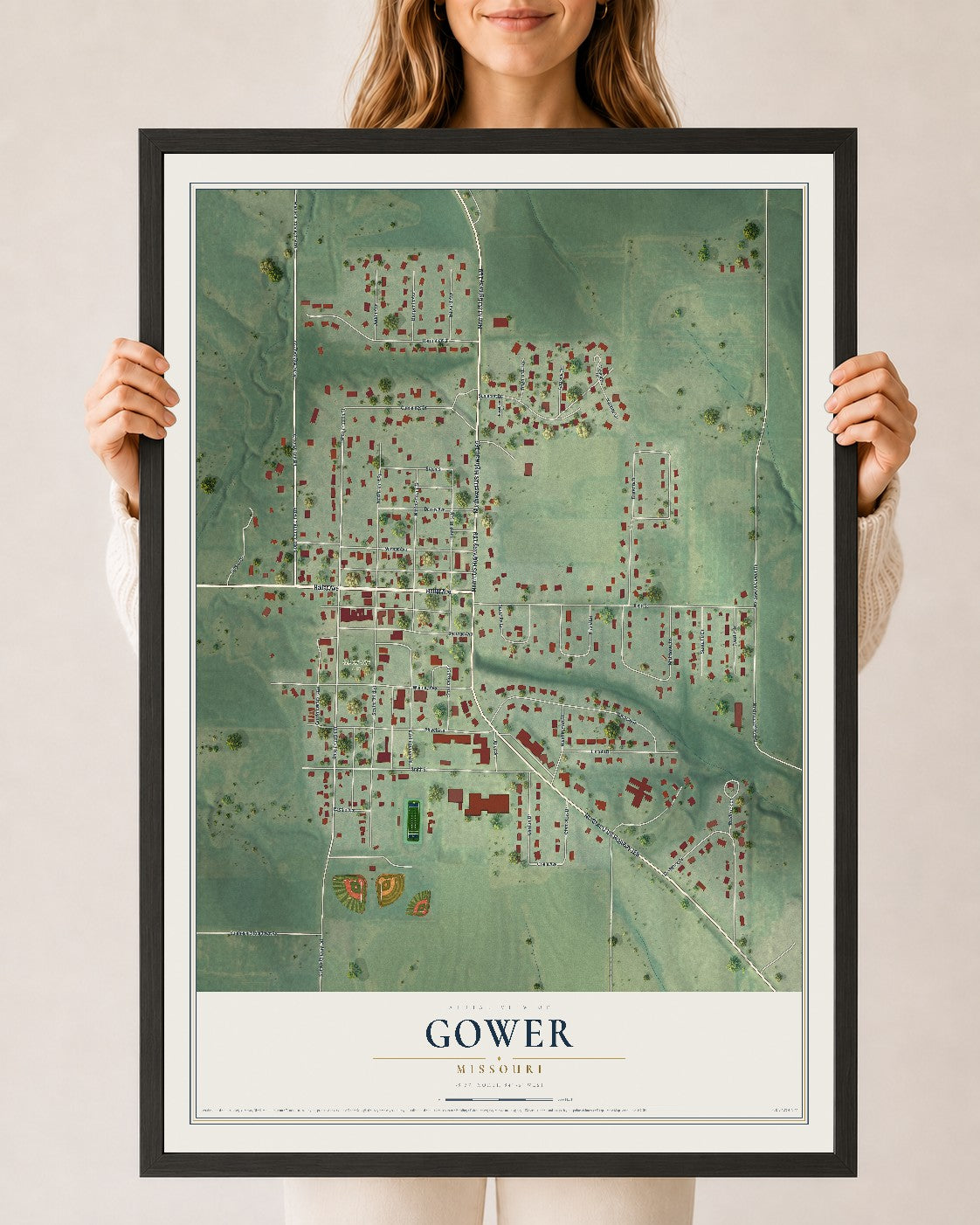 Map of Gower, Missouri, 24 x 36 inch print in a black wood frame