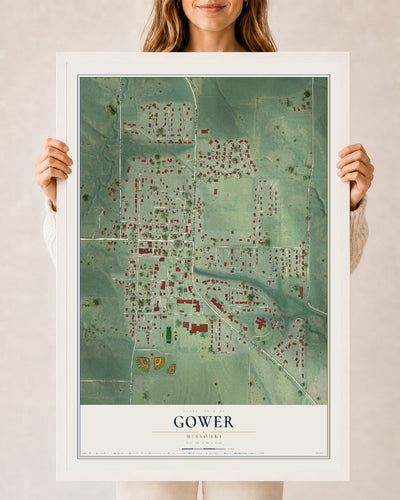 Map of Gower, Missouri, 24 x 36 inch print in a white wood frame