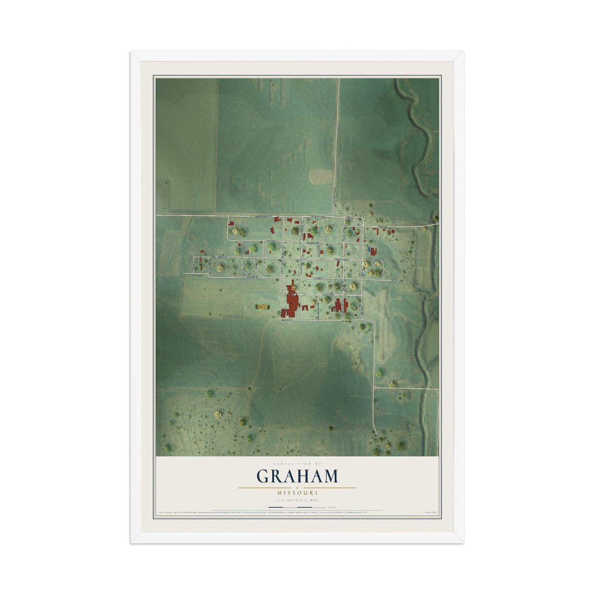 Map of Graham, Missouri, 12 x 18 inch print in a white wood frame