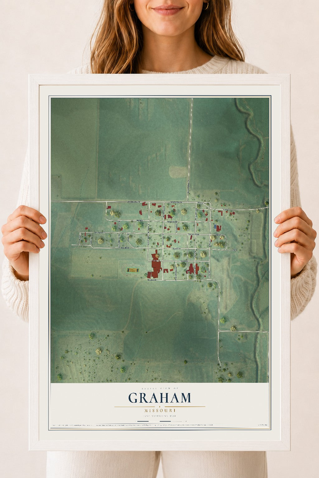 Map of Graham, Missouri, 18 x 24 inch print in a white wood frame